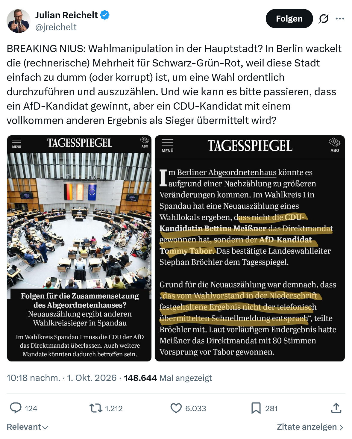 Julian Reichelt: BREAKING NIUS: Wahlmanipulation...