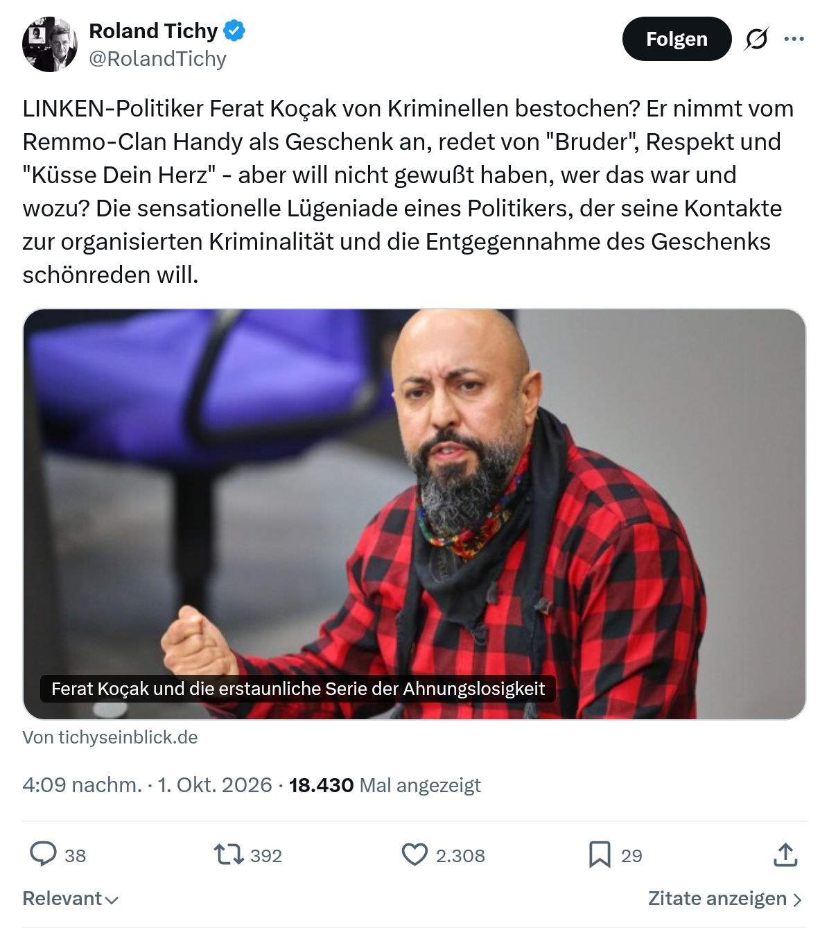 Roland Tichy: LINKEN-Politiker Ferat Koçak...