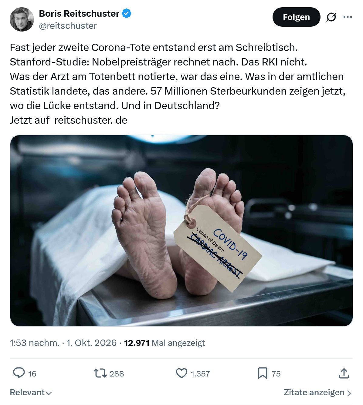 Boris Reitschuster: Fast jeder zweite Corona-Tote...