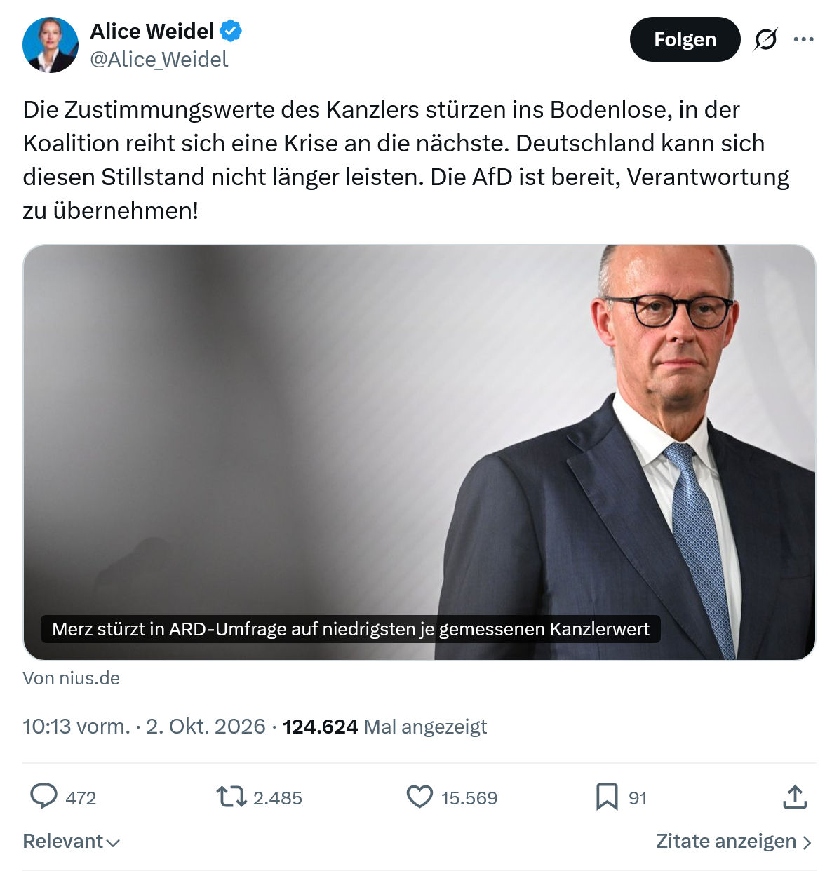 Alice Weidel: Die Zustimmungswerte des Kanzlers...