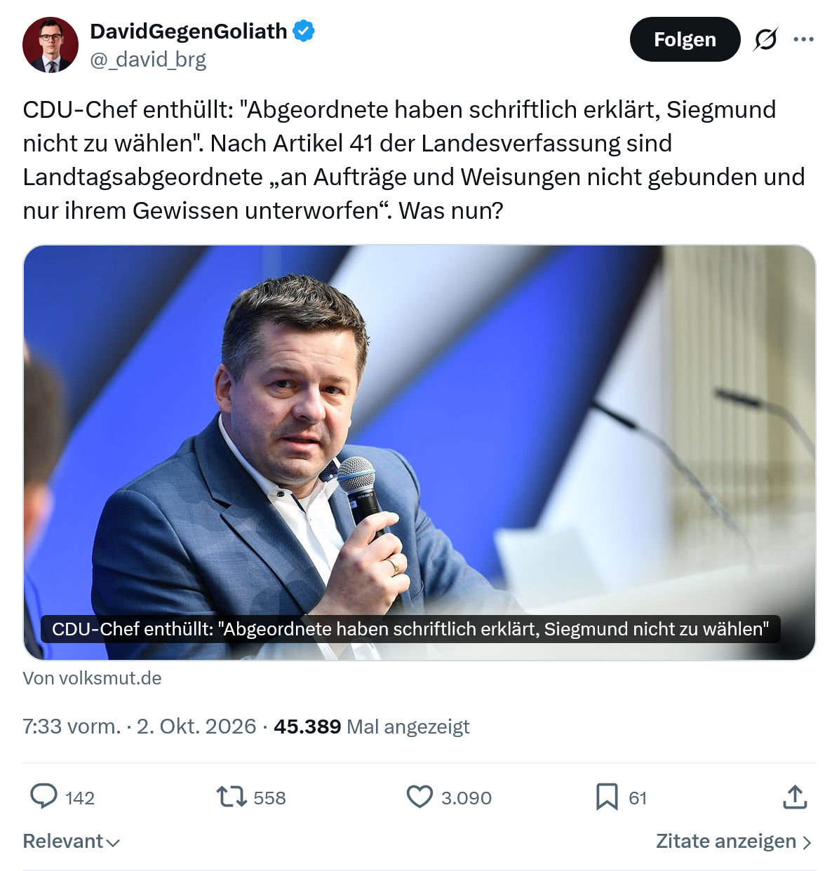 David Gegen Goliath: CDU-Chef enthüllt: "Abgeordnete...