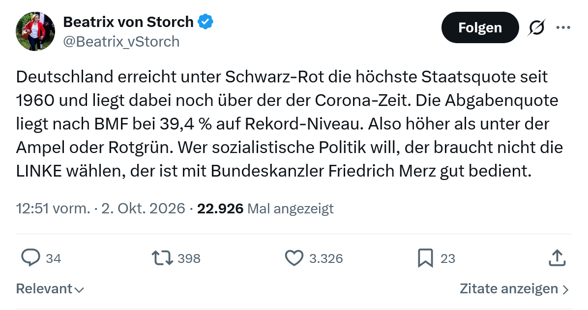 Beatrix von Storch: Deutschland erreicht unter Schwarz-Rot...