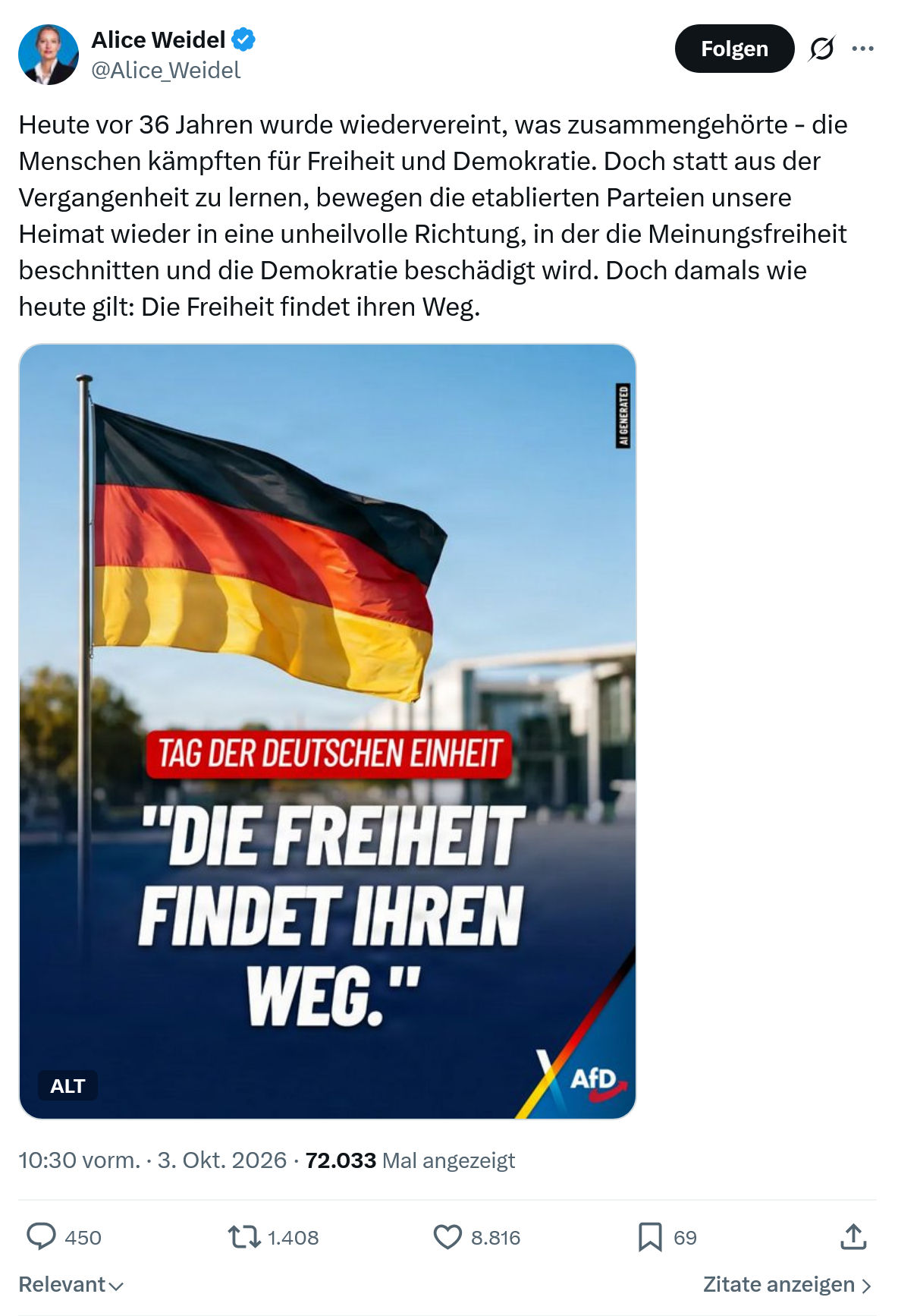 Alice Weidel: Heute vor 36 Jahren...