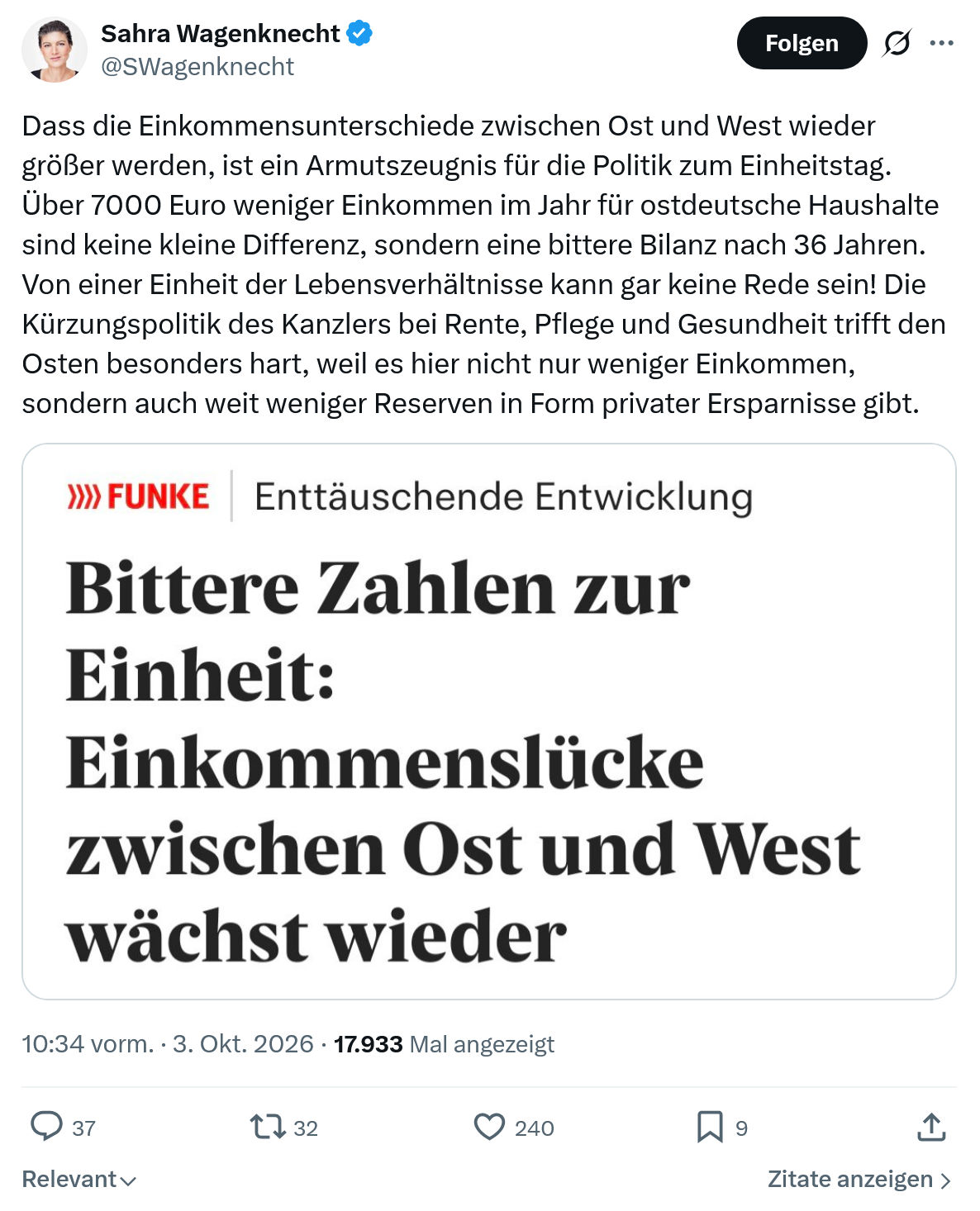 Sahra Wagenknecht: Dass die Einkommensunterschiede...