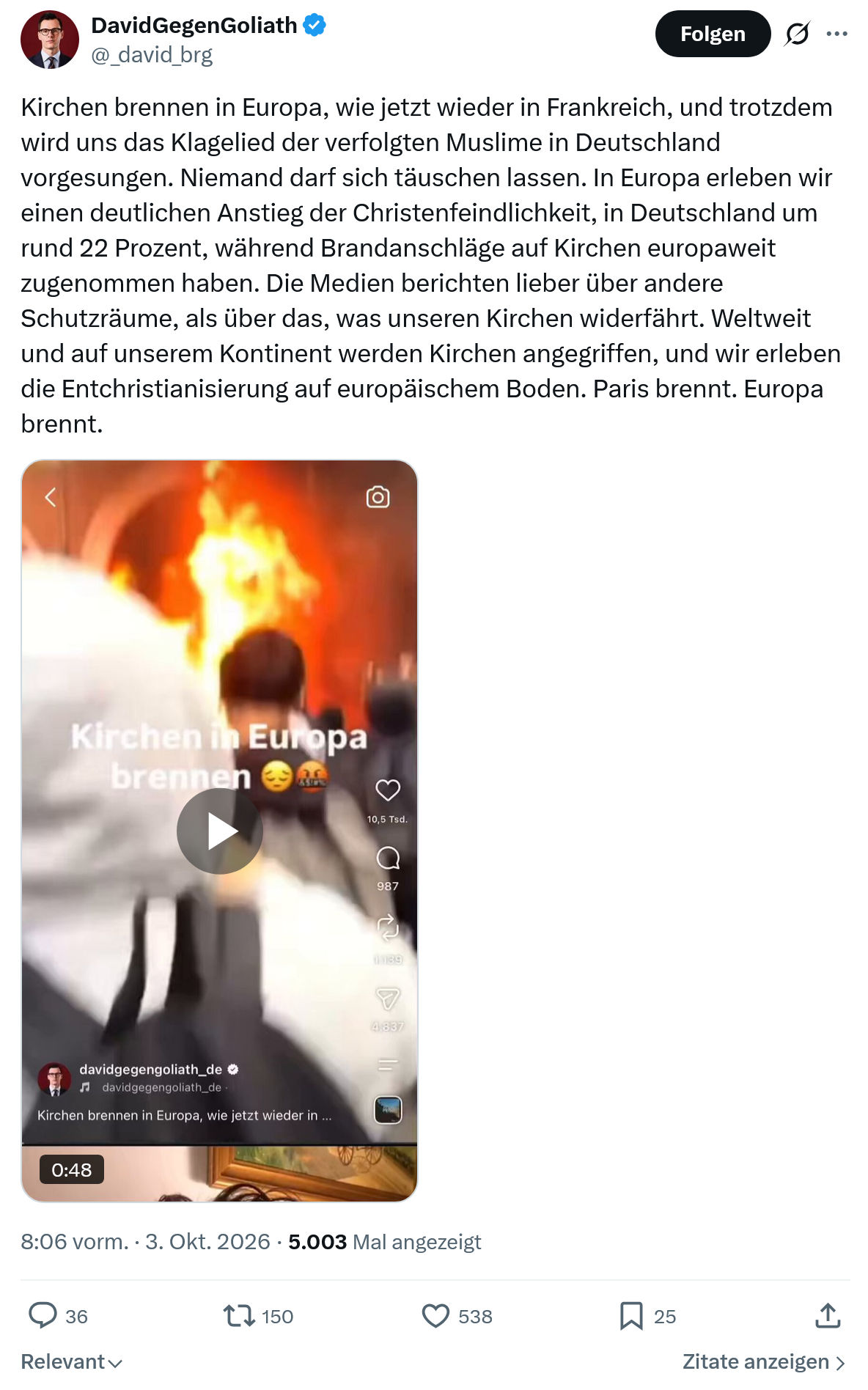 David Gegen Goliath: Kirchen brennen in Europa...