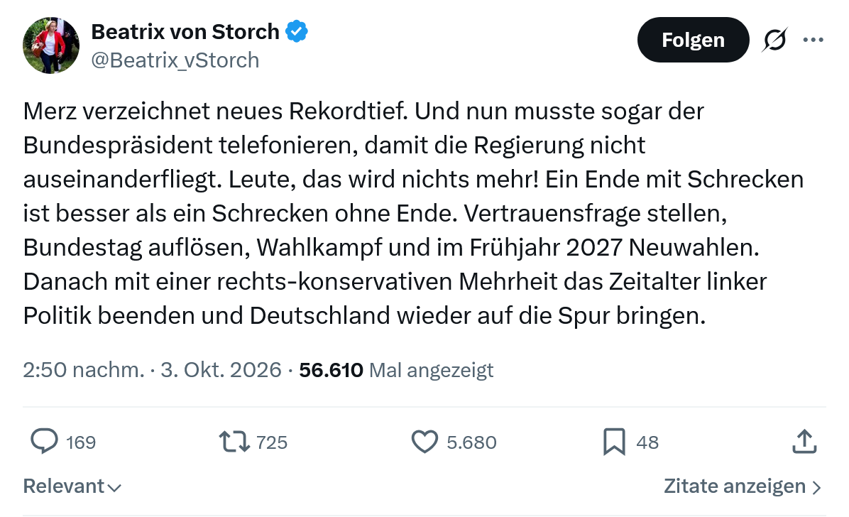 Beatrix von Storch: Merz verzeichnet neues Rekordtief...