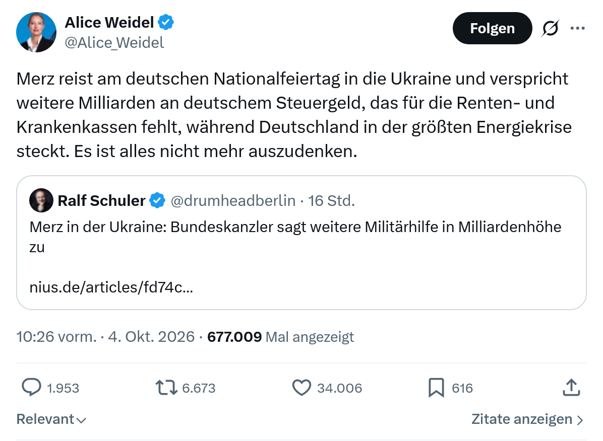 Alice Weidel: Merz reist am deutschen Nationalfeiertag...