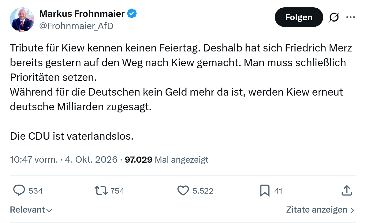 Markus Frohnmaier: Tribute für Kiew kennen keinen Feiertag...