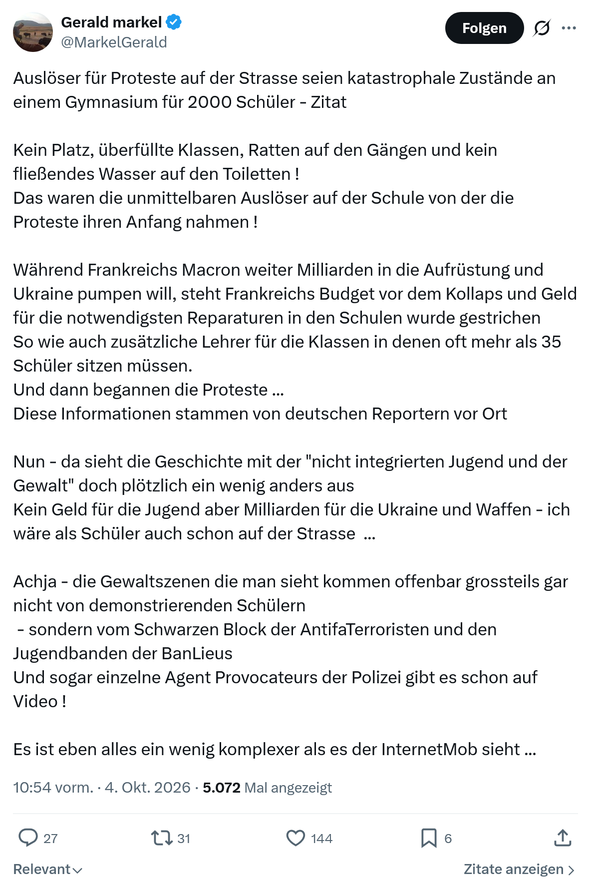 Gerald Markel: Auslöser für Proteste auf der Strasse...