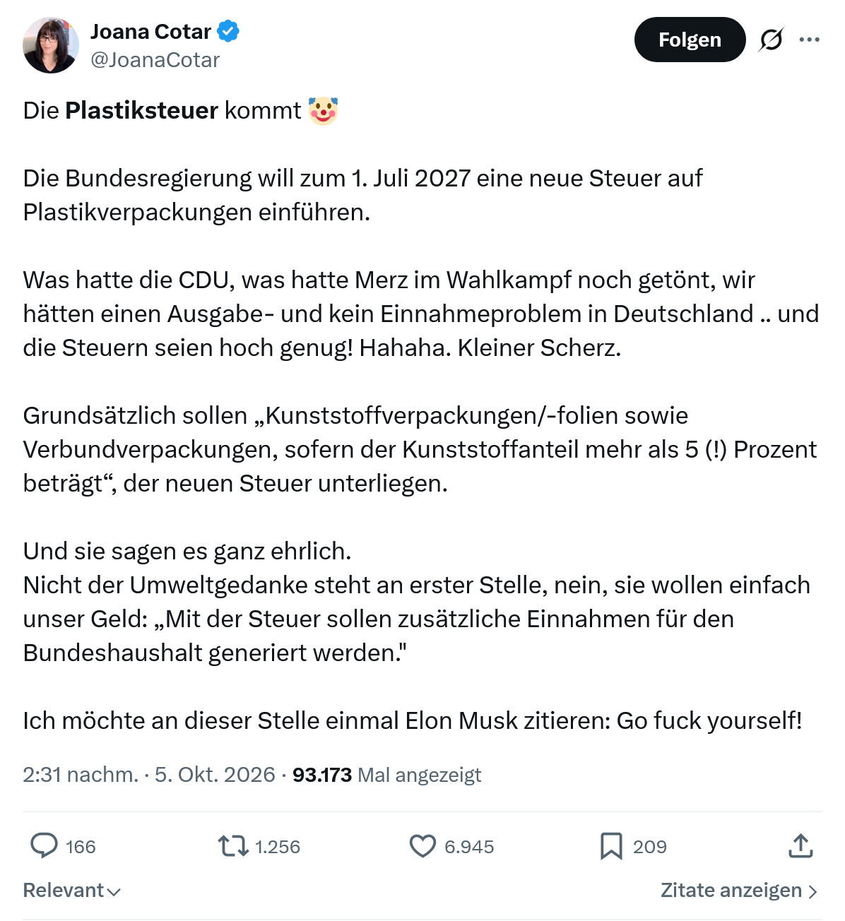 Joana Cotar: Die Plastiksteuer kommt...