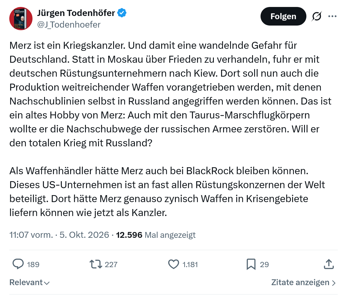 Jürgen Todenhöfer: Merz ist ein Kriegskanzler...