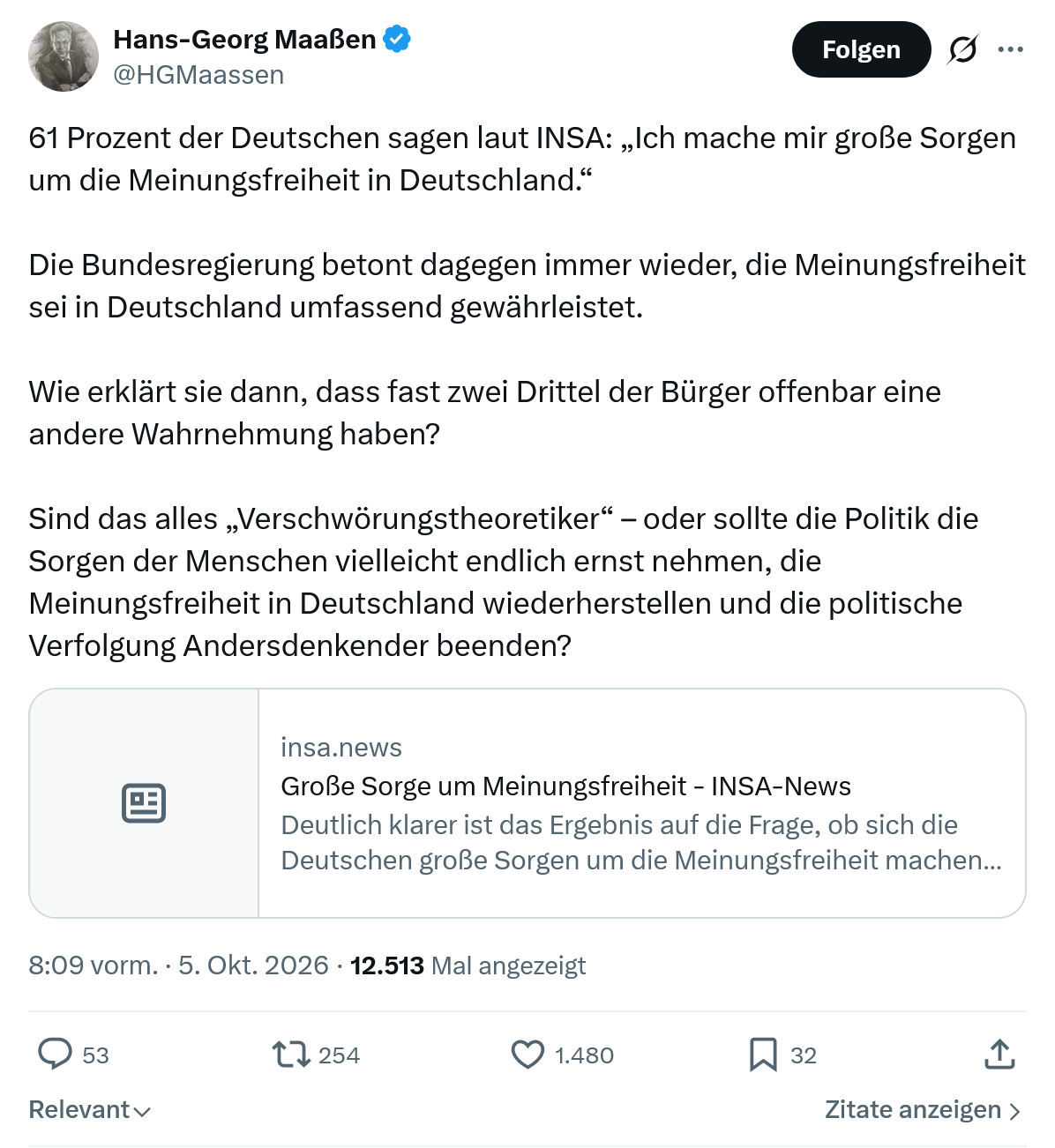 Hans-Georg Maaßen: 61 Prozent der Deutschen sagen...