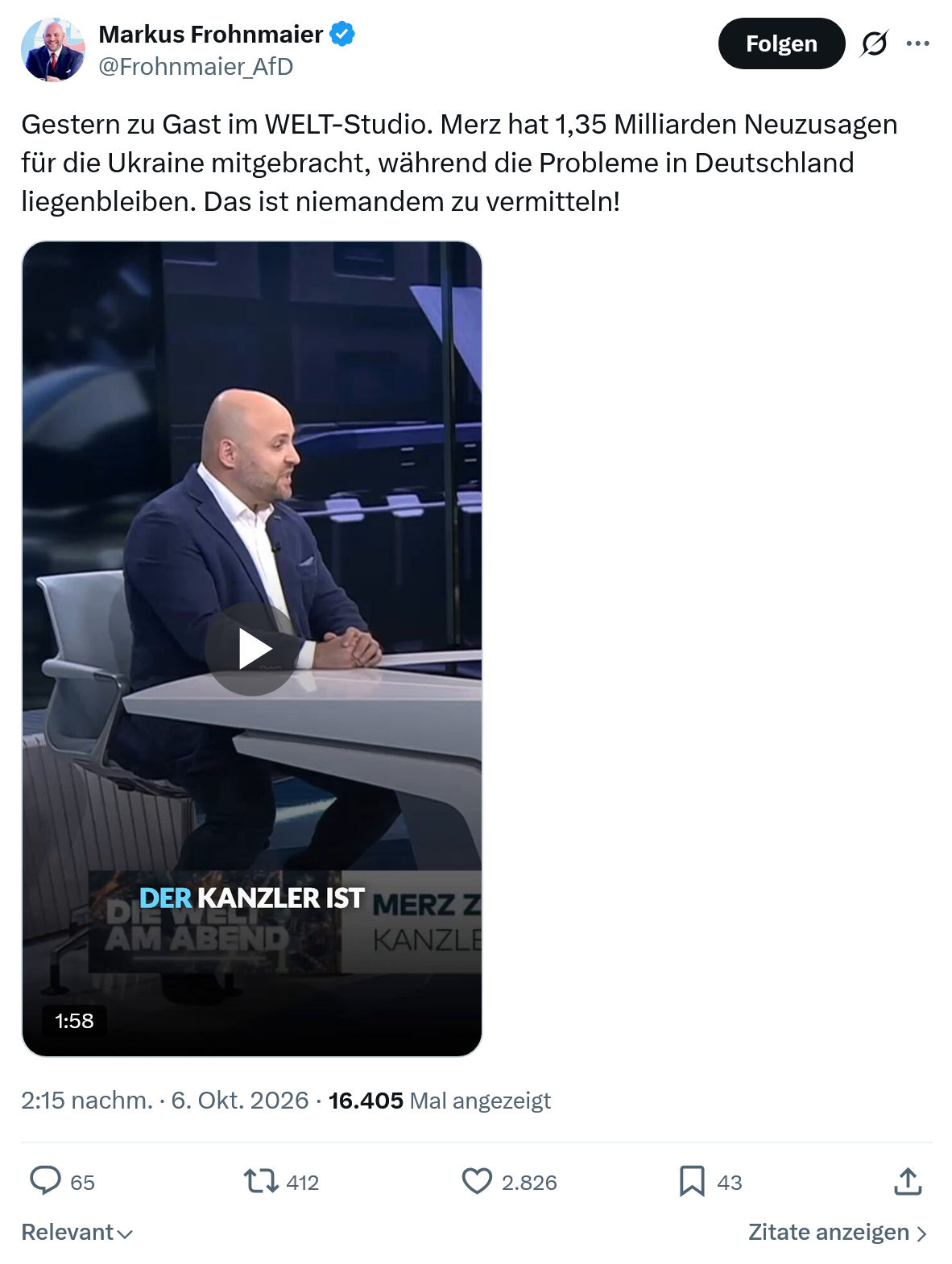 Markus Frohnmaier: Gestern zu Gast im WELT-Studio...