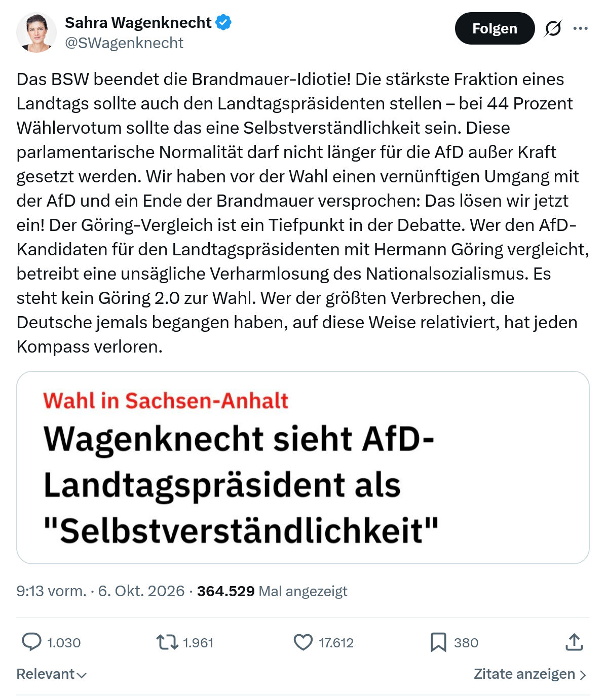 Sahra Wagenknecht: Das BSW beendet die Brandmauer-Idiotie...