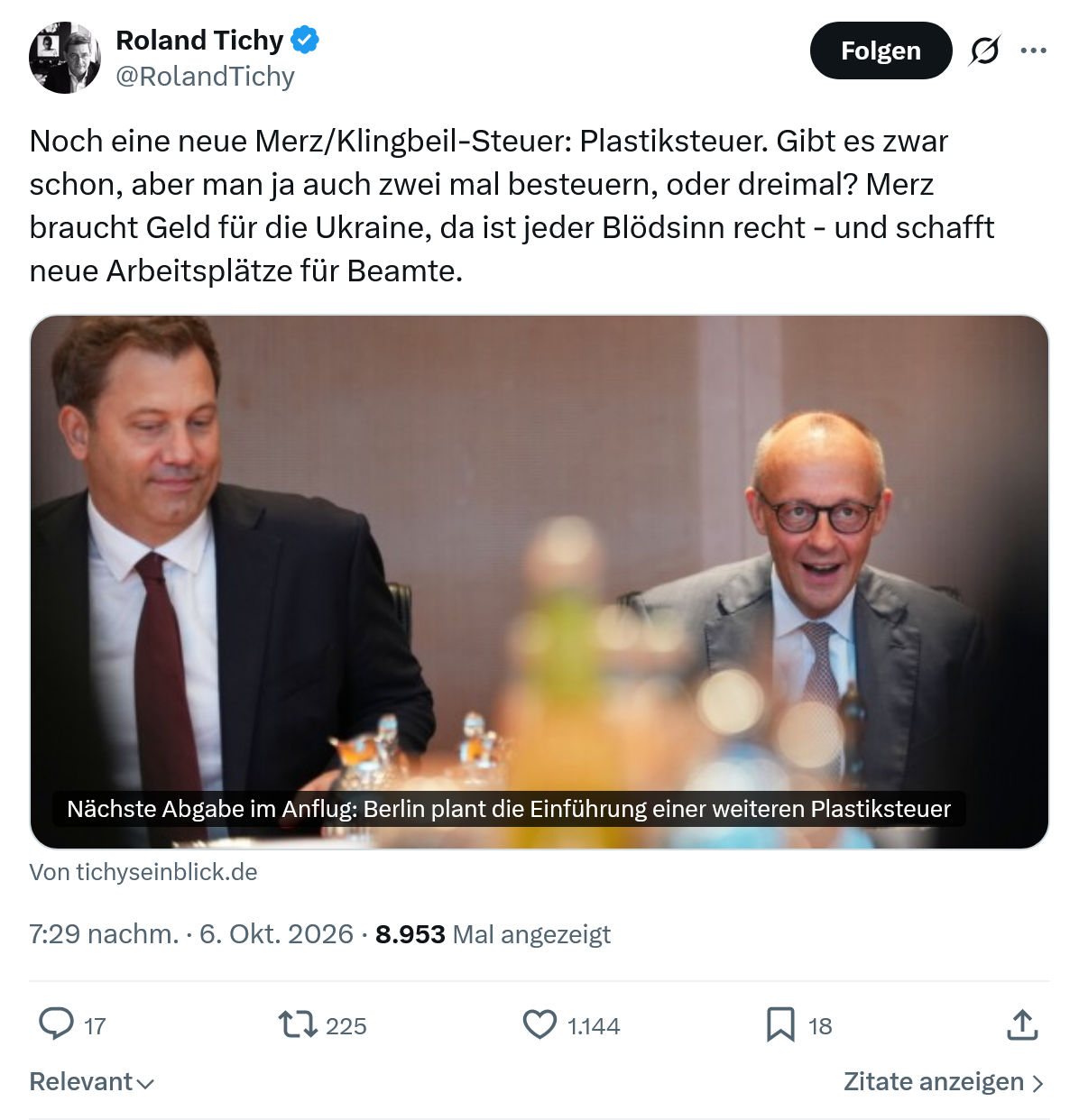 Roland Tichy: Noch eine neue Merz/Klingbeil-Steuer...