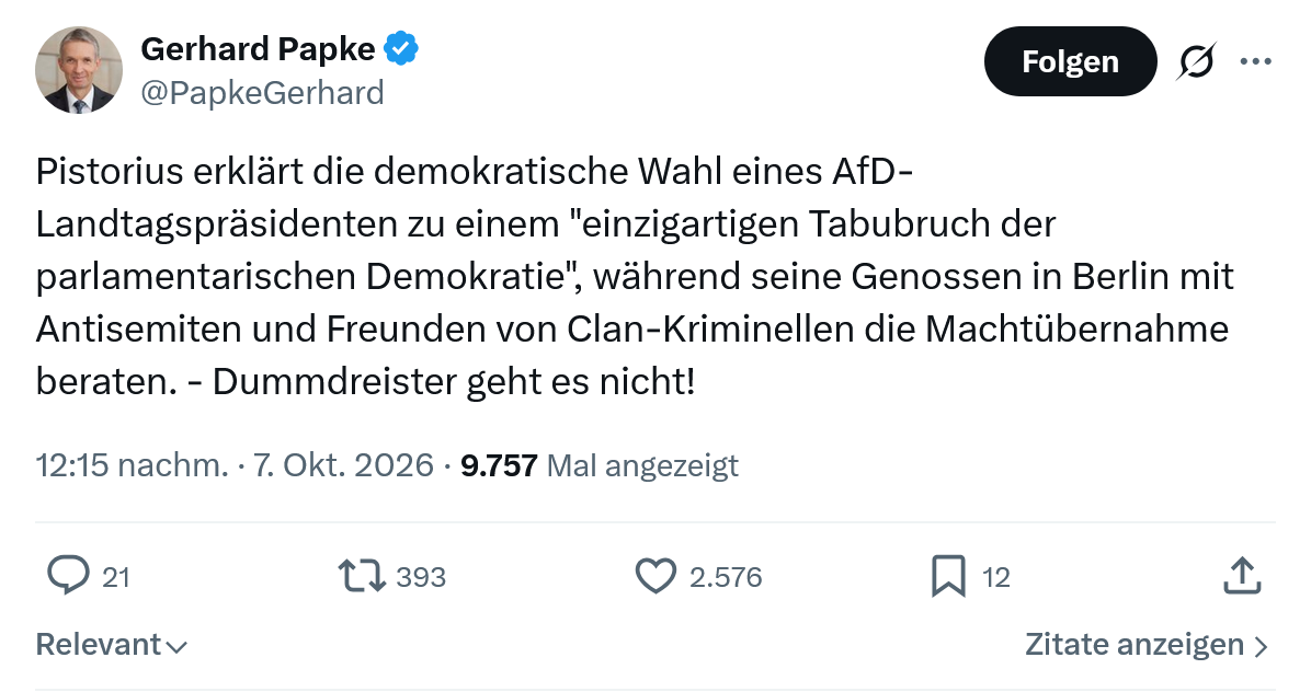 Gerhard Papke: Pistorius erklärt die demokratische...
