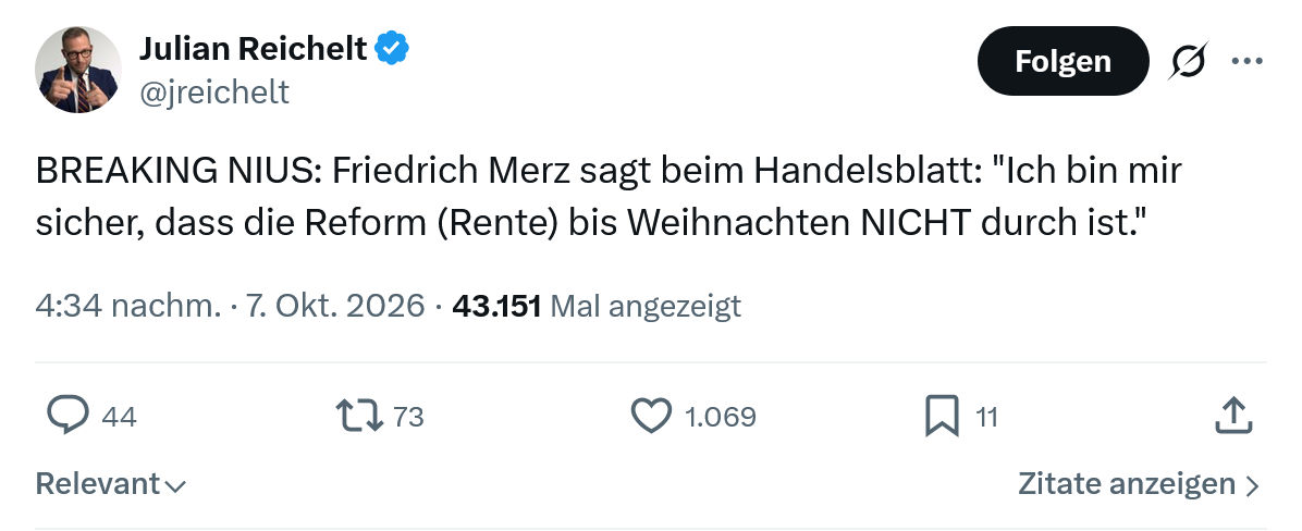 Julian Reichelt: BREAKING NIUS: Friedrich Merz...