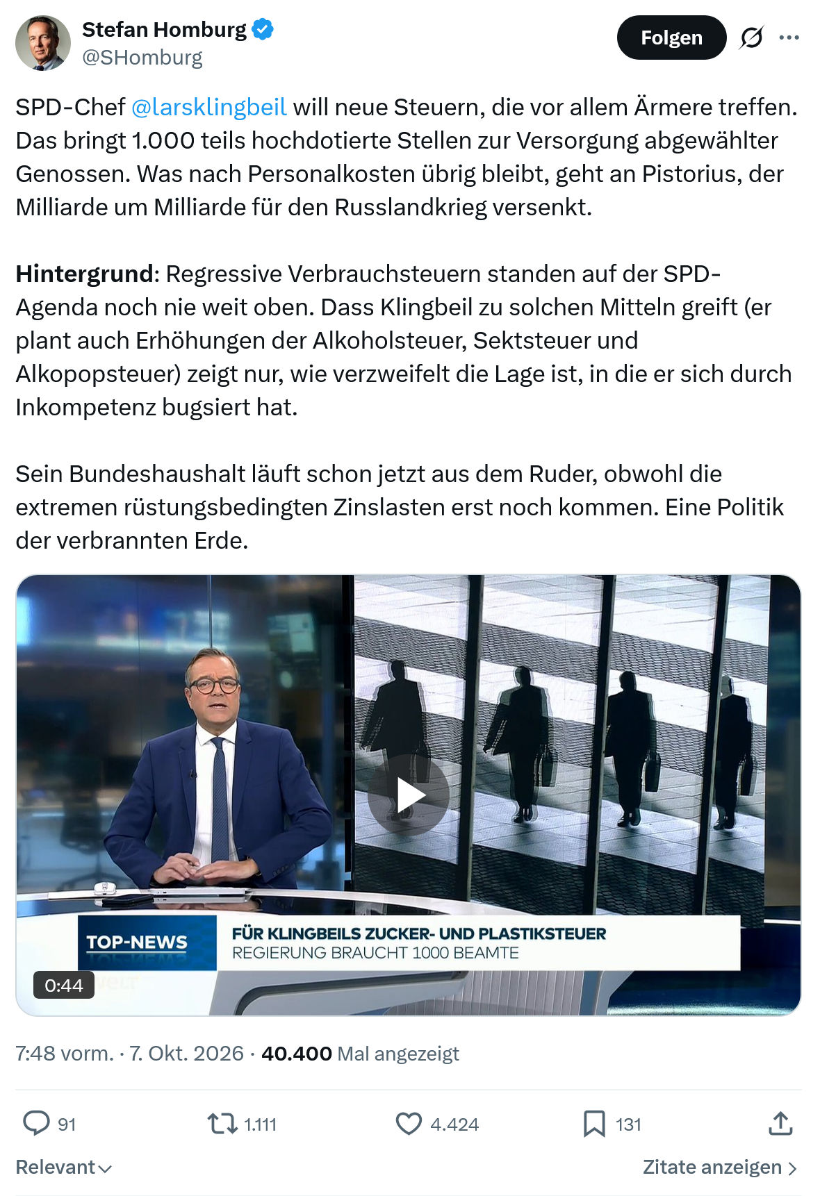 Stefan Homburg: SPD-Chef @larsklingbeil..