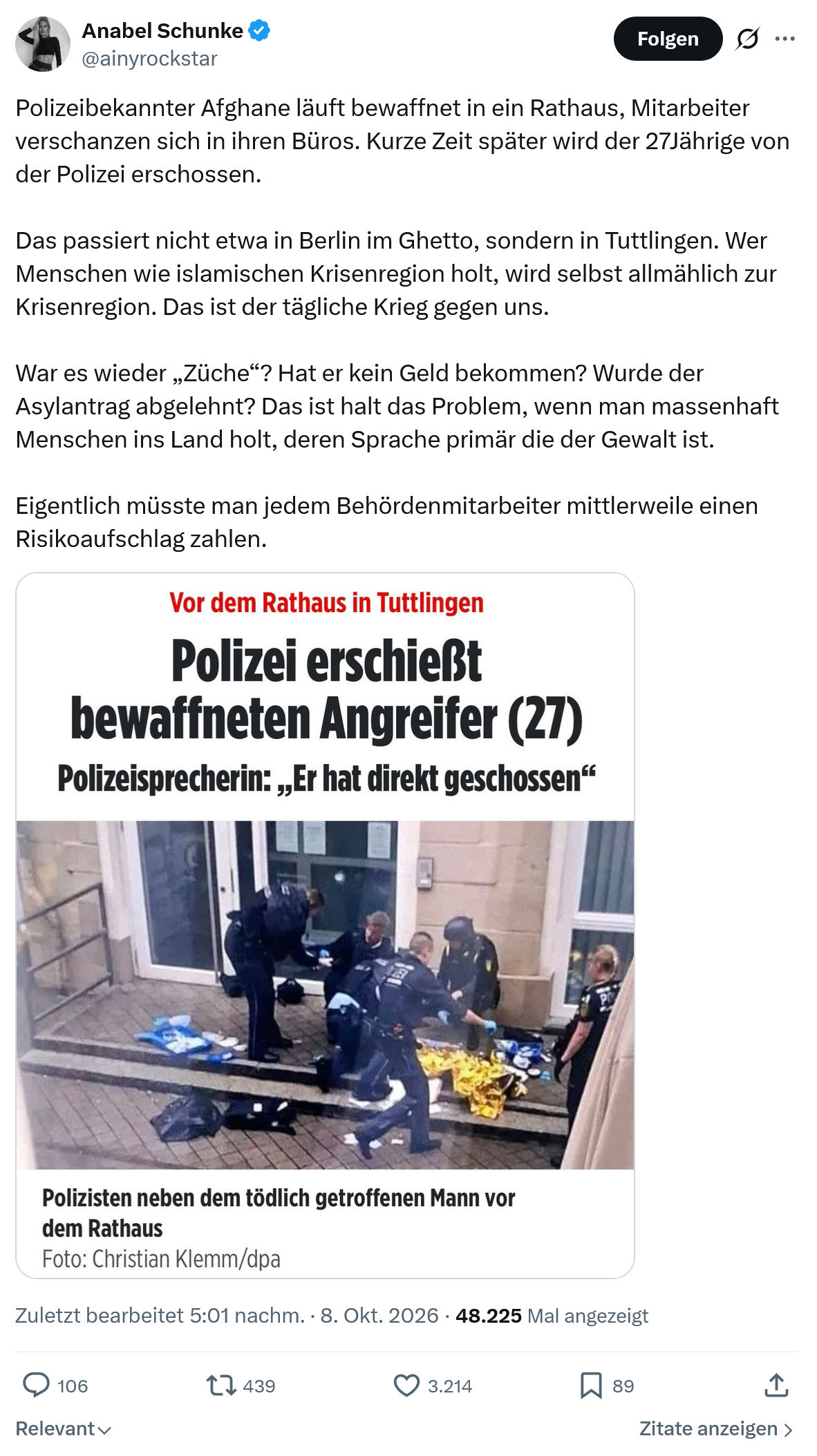 Anabel Schunke: Polizeibekannter Afghane läuft...