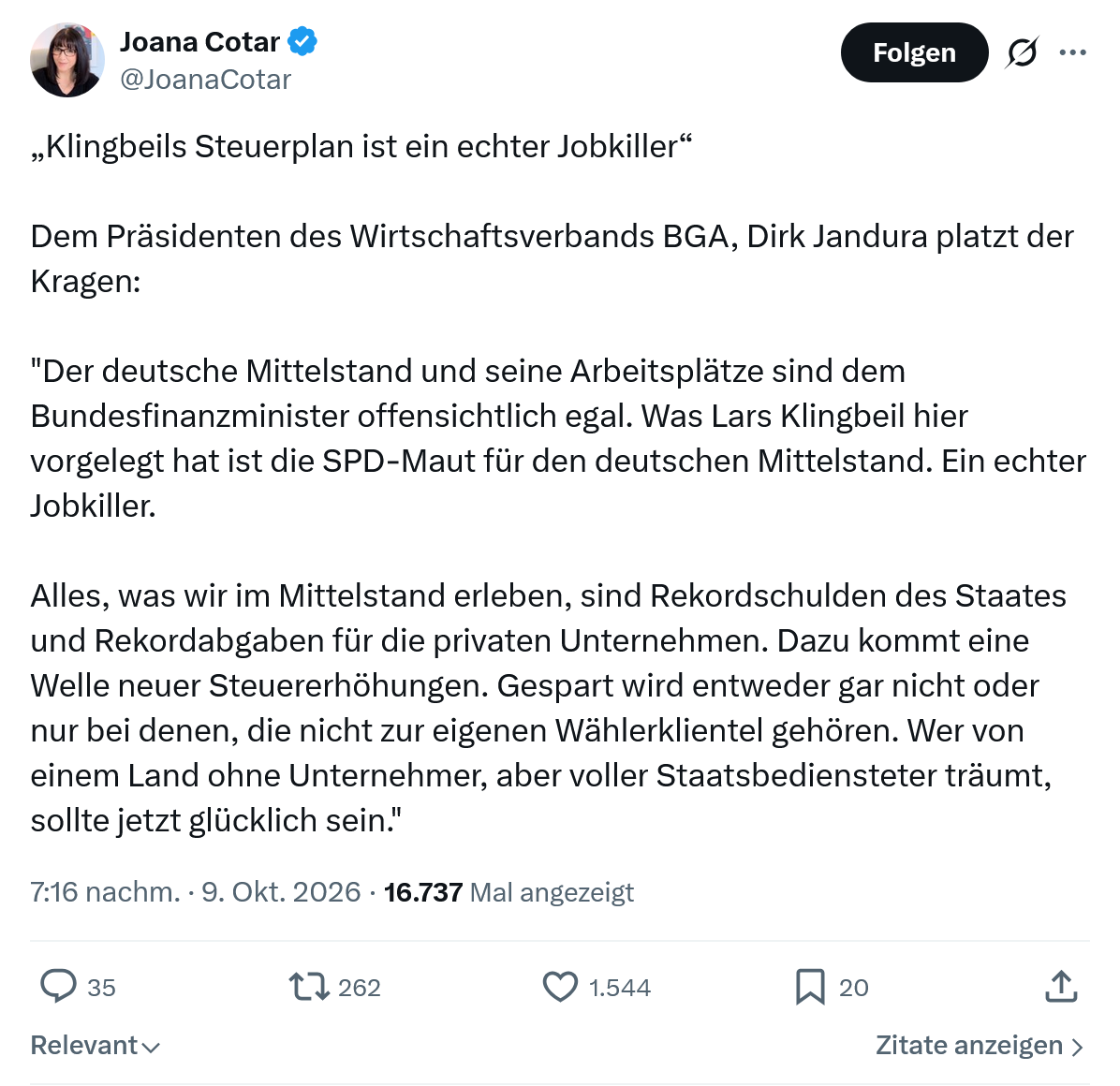 Joana Cotar: „Klingbeils Steuerplan ist ein echter Jobkiller“...