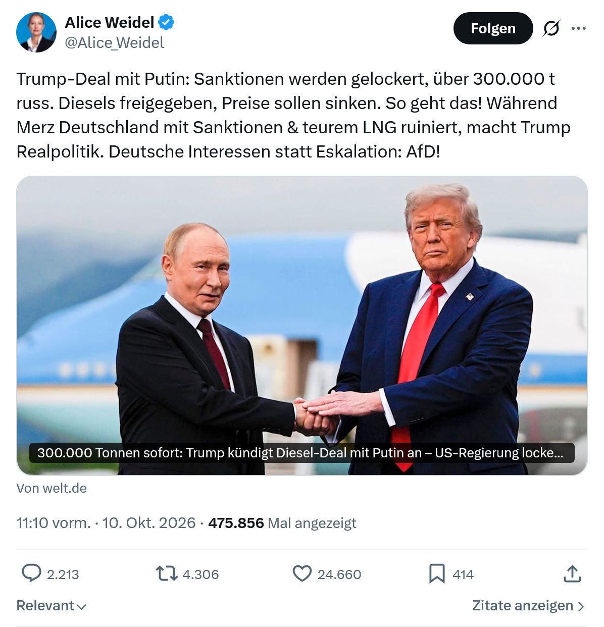 Alice Weidel: Trump-Deal mit Putin...