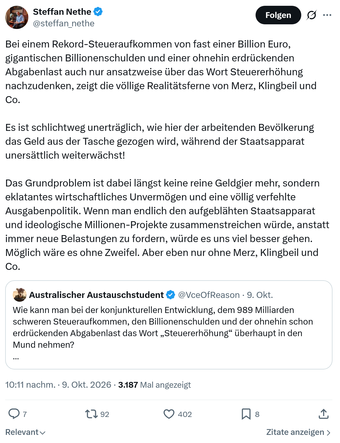 Steffan Nethe: Bei einem Rekord-Steueraufkommen...