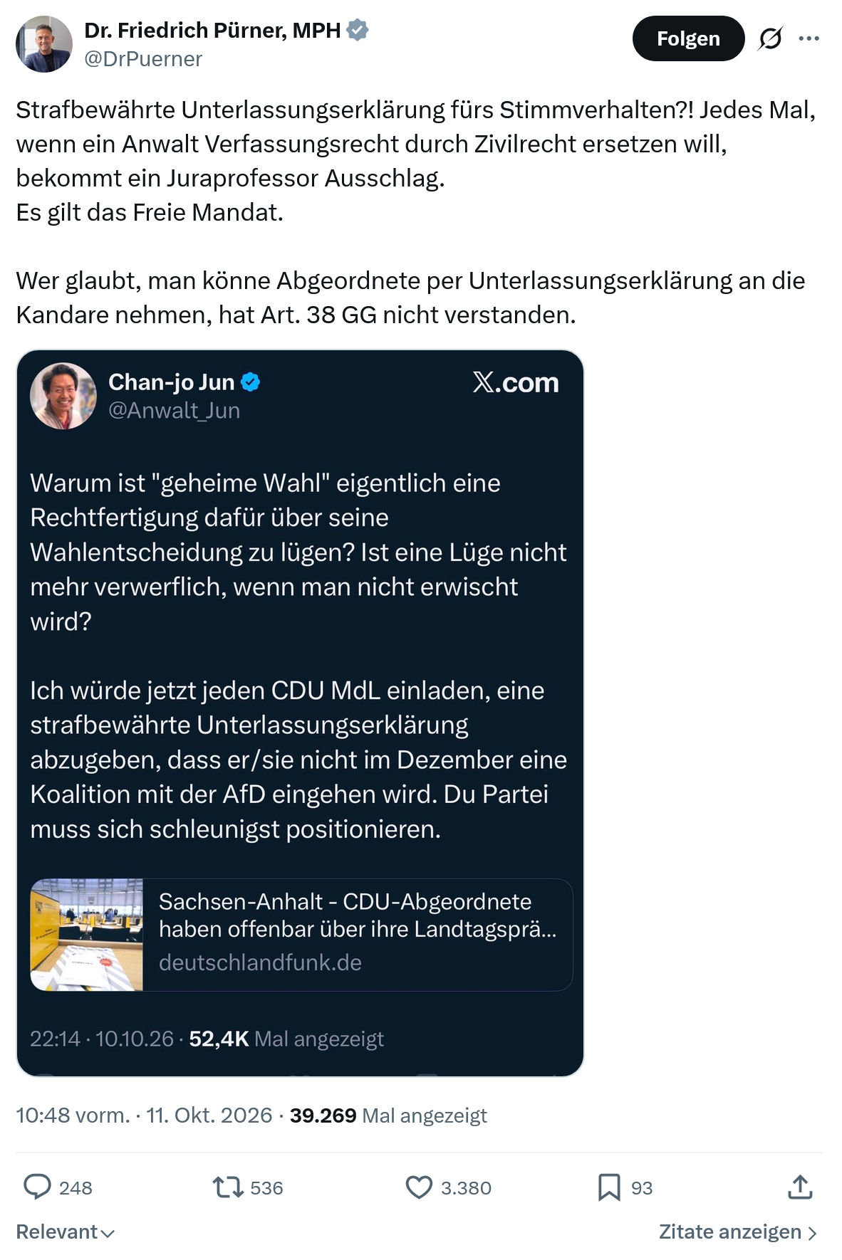 Friedrich Pürner: Strafbewährte Unterlassungserklärung fürs Stimmverhalten...