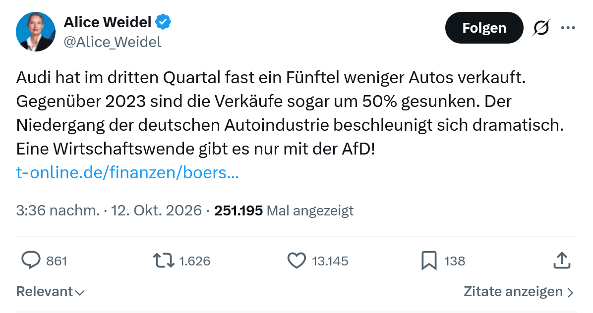 Alice Weidel: Audi hat im dritten Quartal...