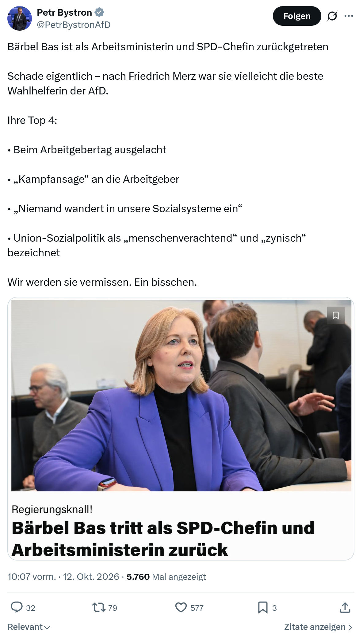 Petr Bystron: Bärbel Bas ist als Arbeitsministerin...