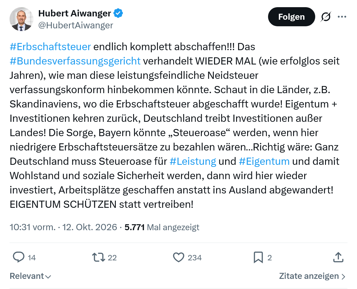 Hubert Aiwanger: #Erbschaftsteuer endlich komplett...