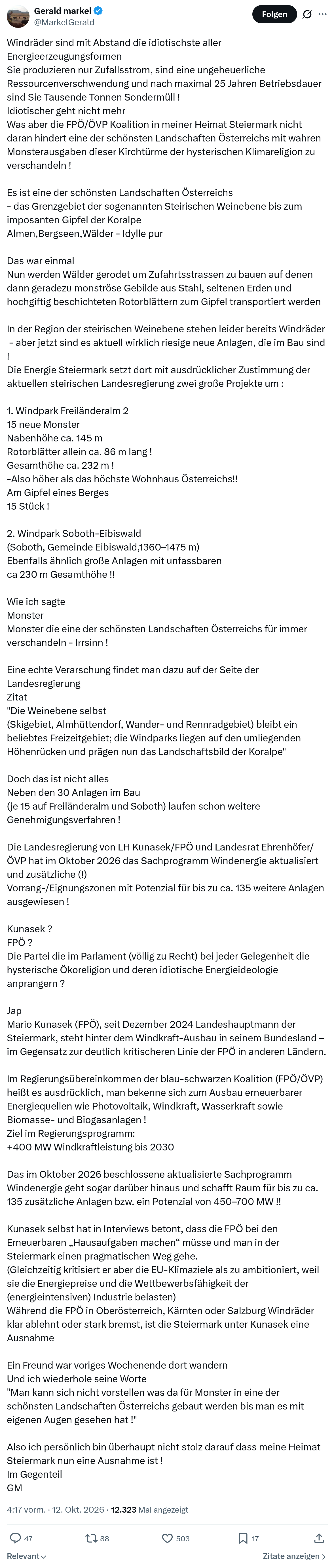 Gerald Markel: Windräder sind mit Abstand...