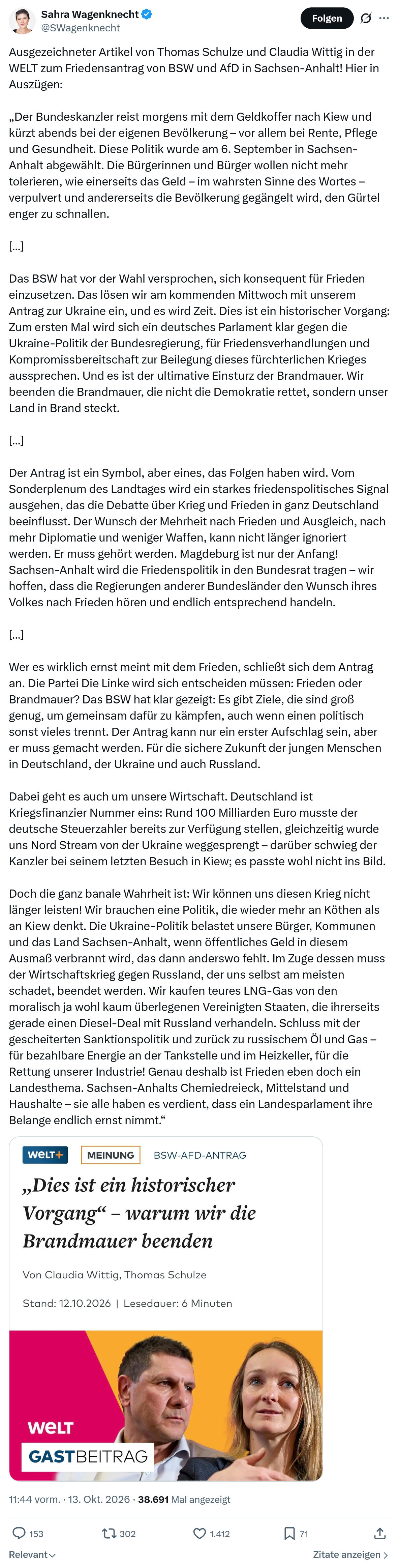 Sahra Wagenknecht: Ausgezeichneter Artikel von Thomas Schulze...
