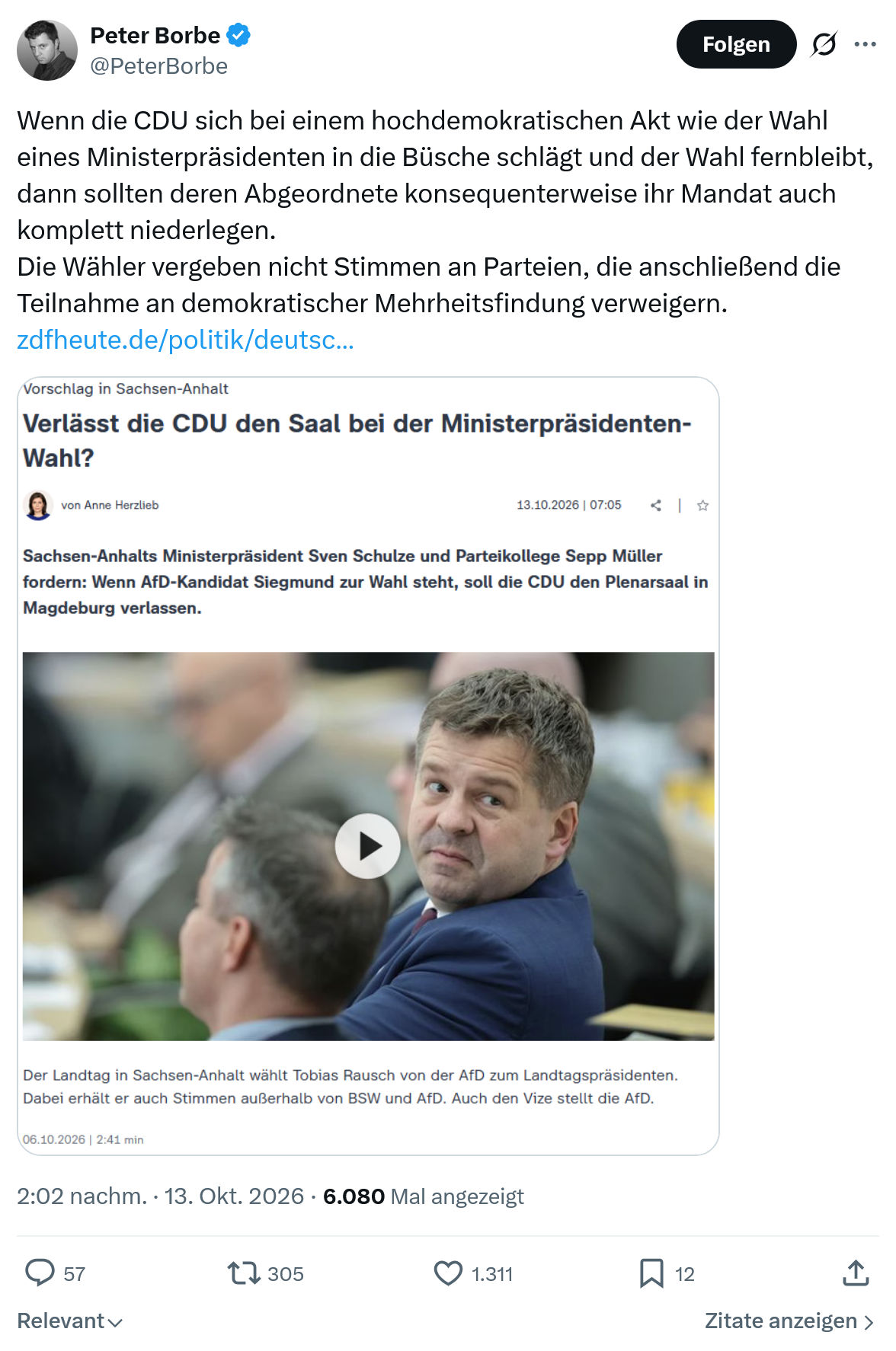 Peter Borbe: Wenn die CDU sich bei einem...