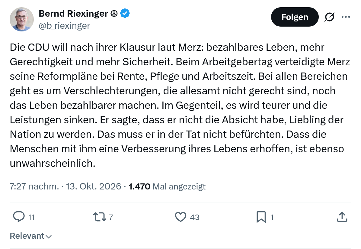Bernd Riexinger: Die CDU will nach ihrer Klausur laut Merz...