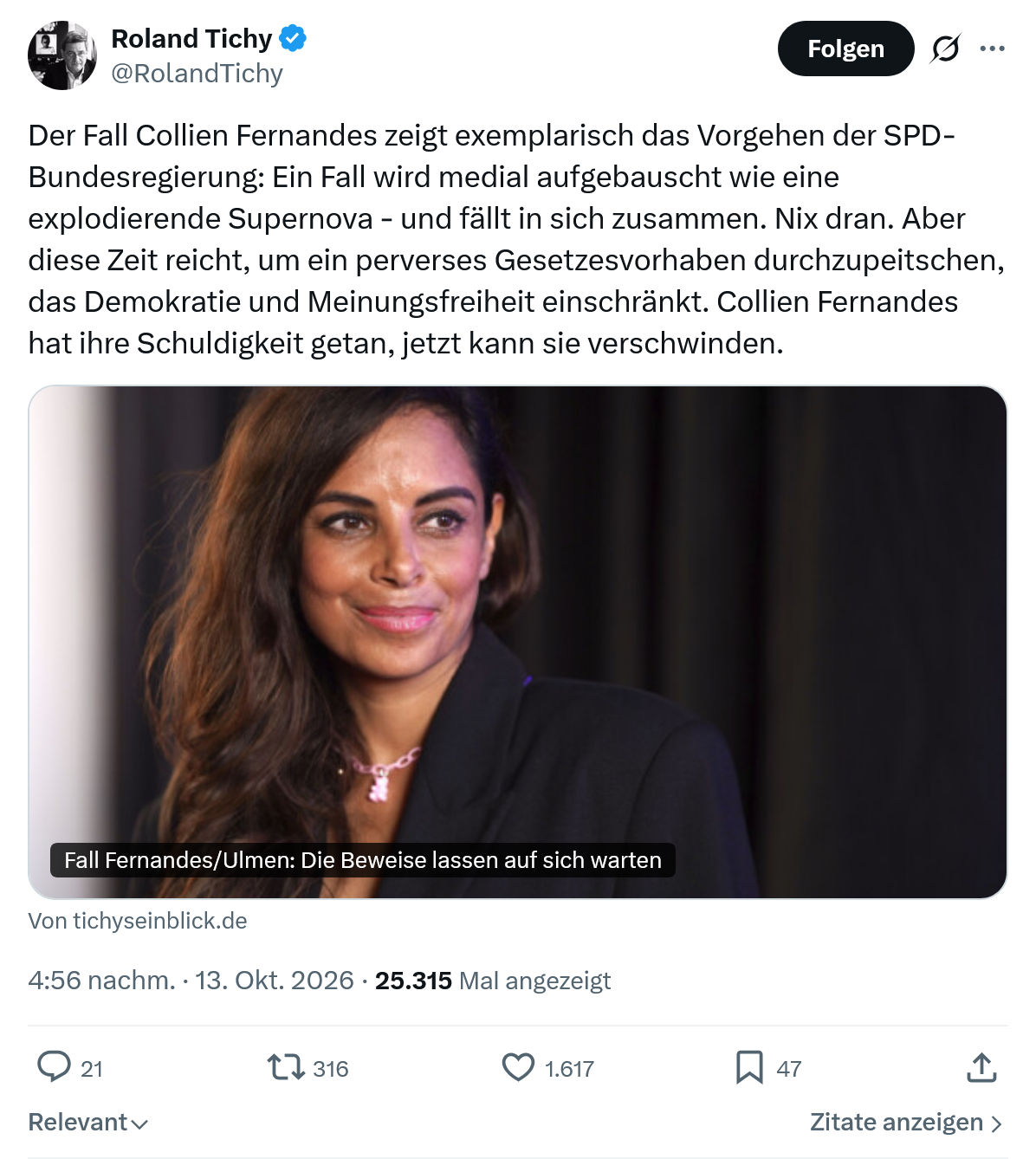 Roland Tichy: Der Fall Collien Fernandes...