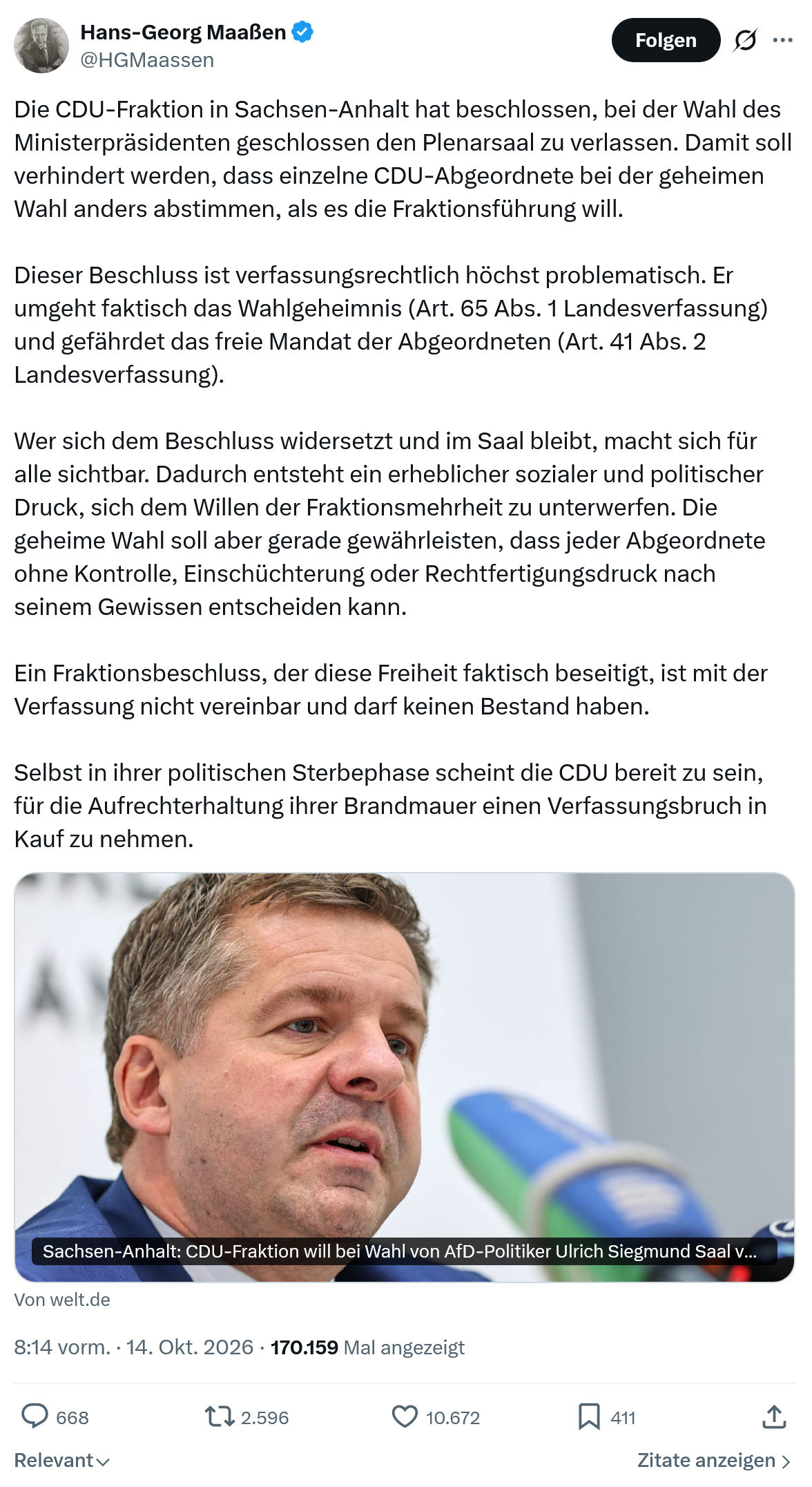Hans-Georg Maaßen: Die CDU-Fraktion in Sachsen-Anhalt...