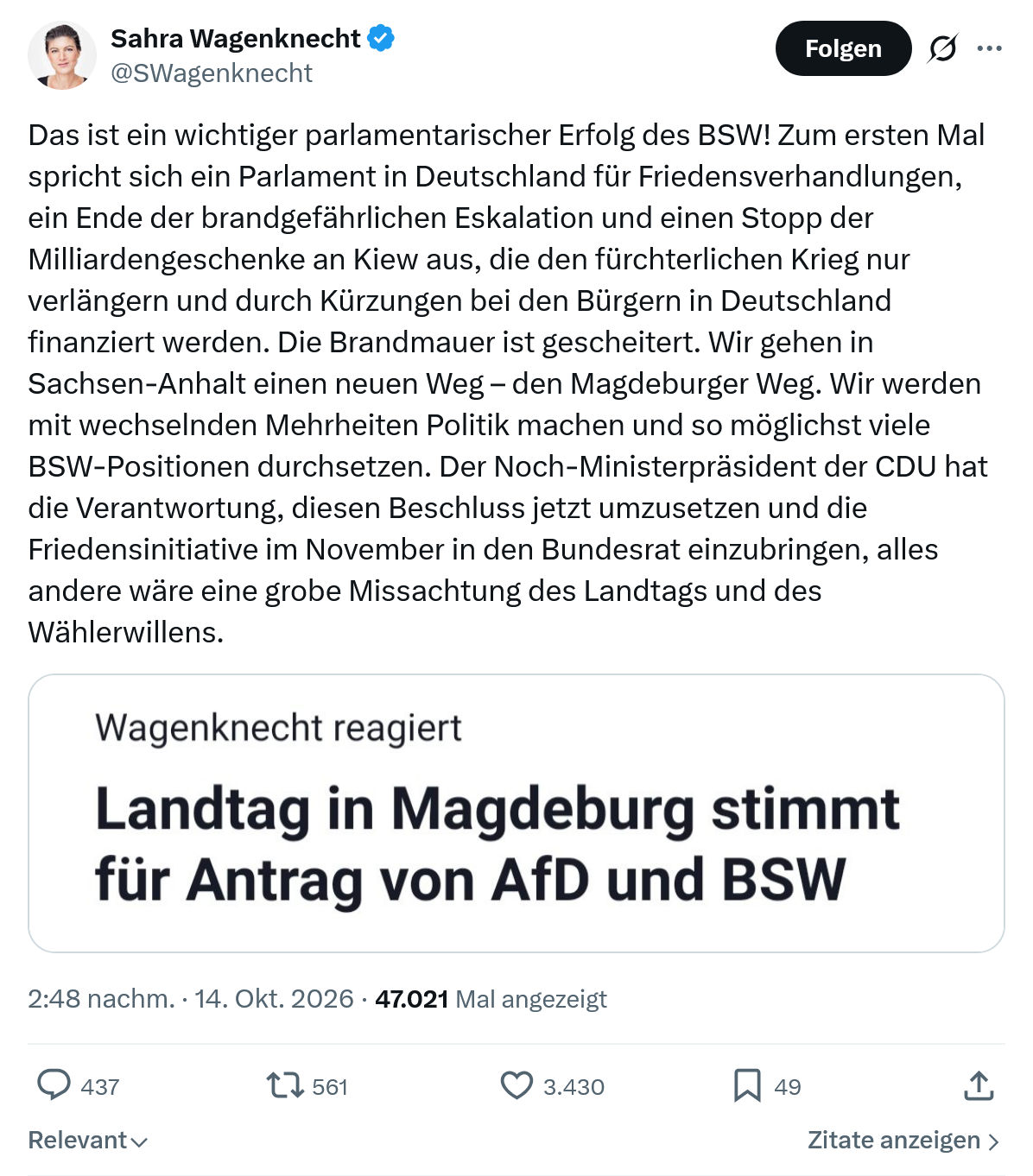 Sahra Wagenknecht: Das ist ein wichtiger parlamentarischer...