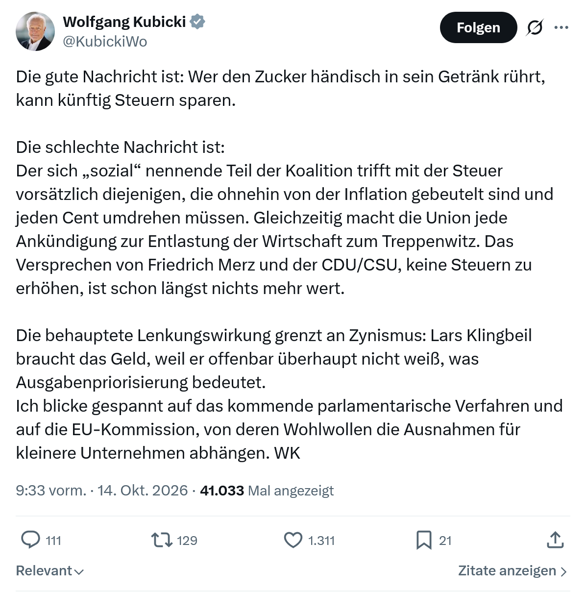 Wolfgang Kubicki: Die gute Nachricht ist...