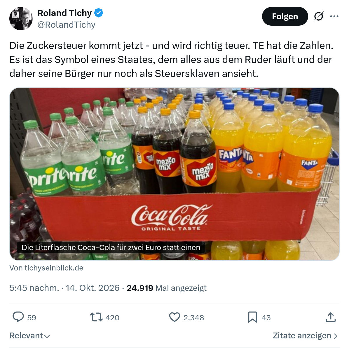 Roland Tichy: Die Zuckersteuer kommt jetzt...