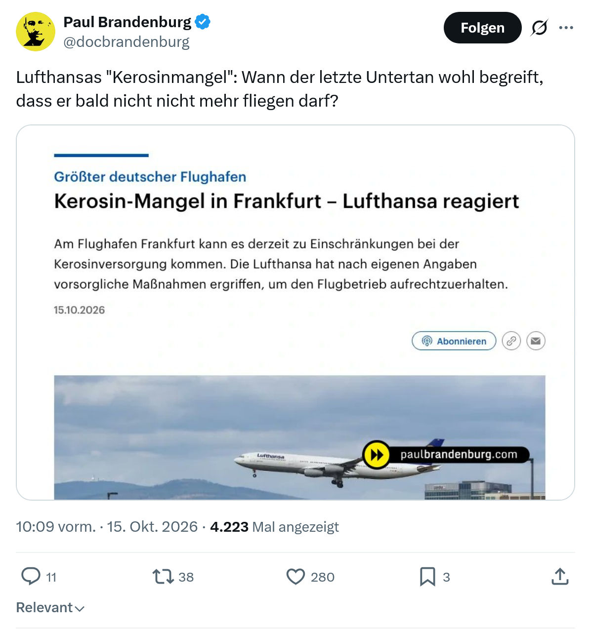 Paul Brandenburg: Lufthansas "Kerosinmangel"...