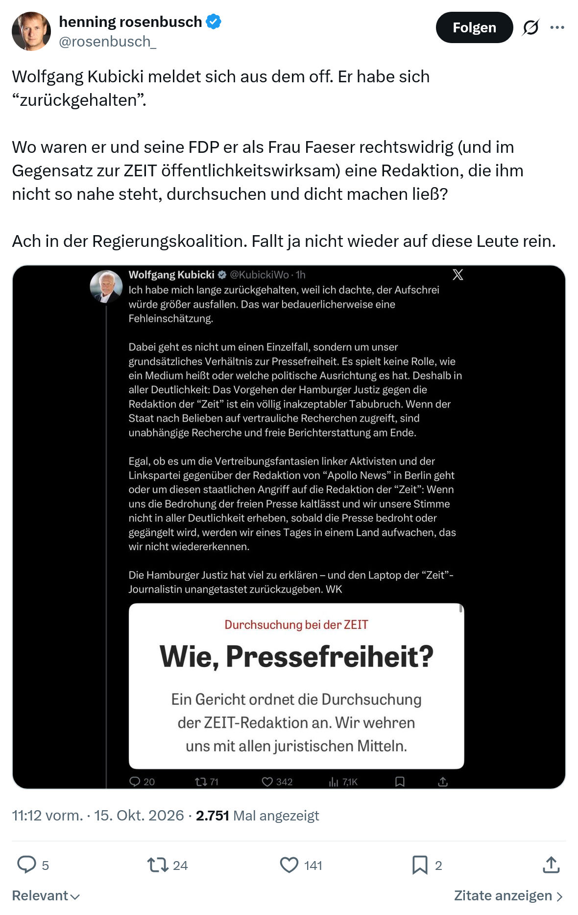 henning rosenbusch: Wolfgang Kubicki meldet sich...