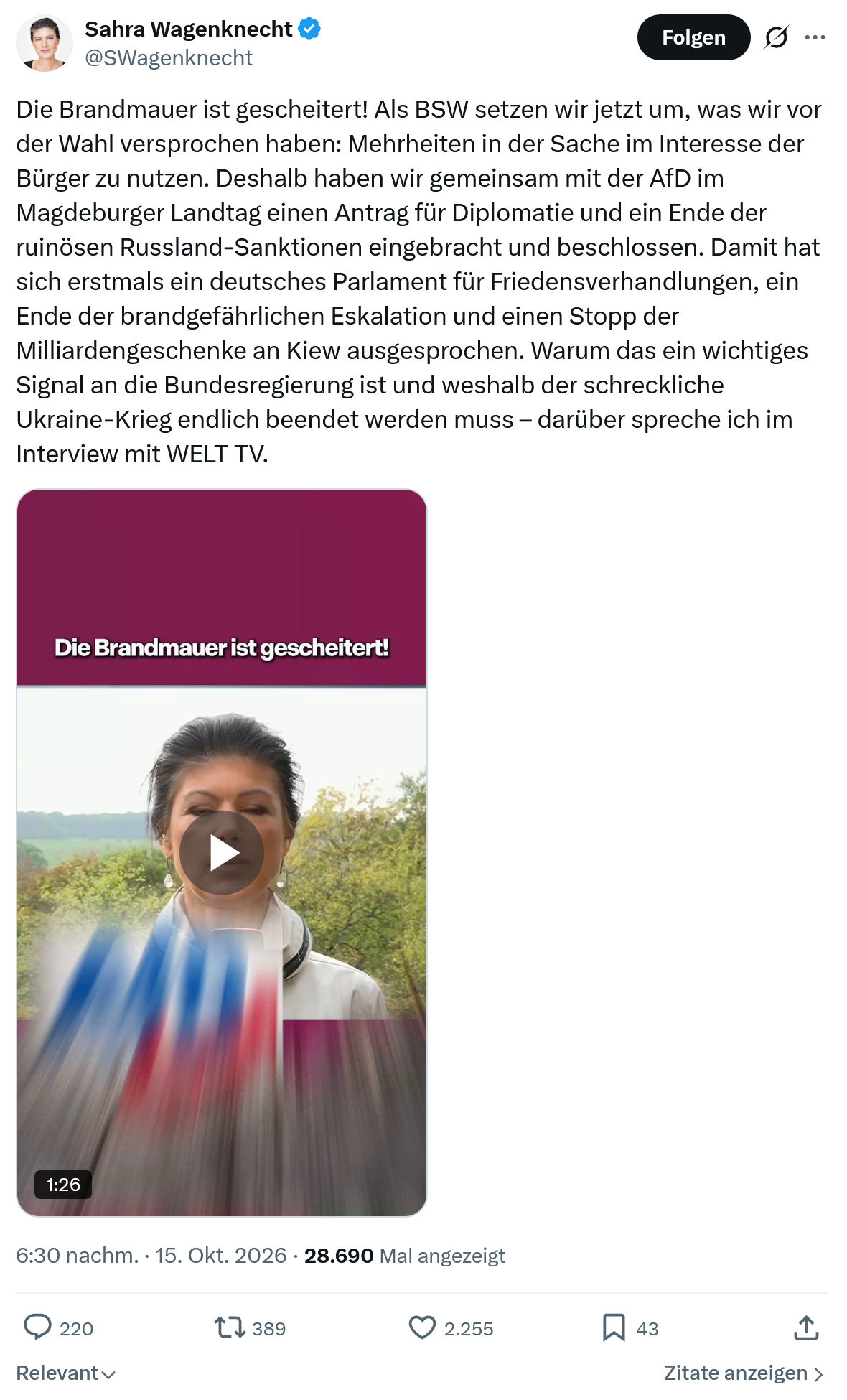 Sahra Wagenknecht: Die Brandmauer ist gescheitert...