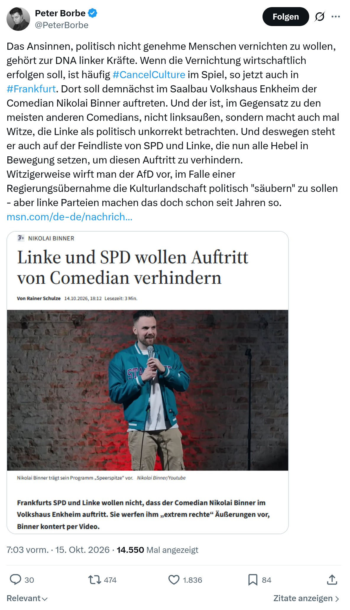 Peter Borbe: Das Ansinnen, politisch nicht genehme...