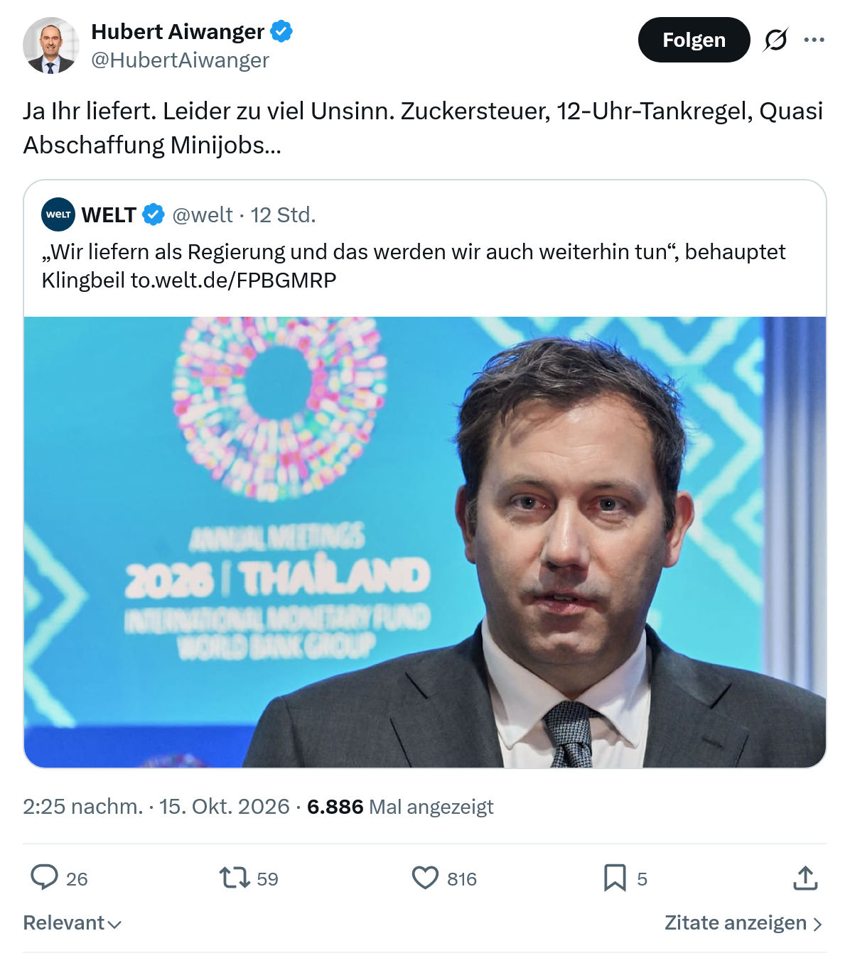 Hubert Aiwanger: Ja Ihr liefert. Leider zu viel Unsinn...