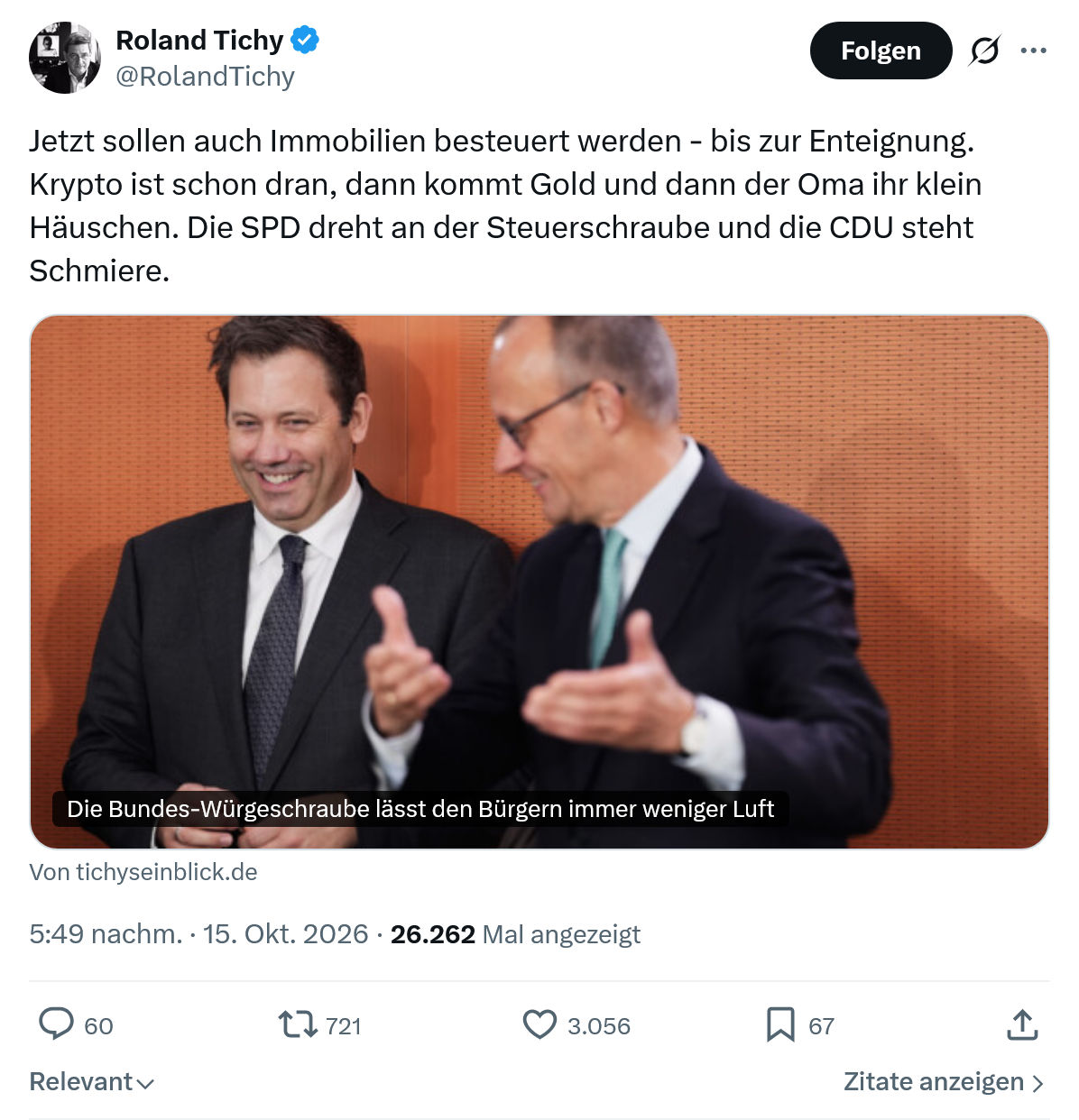 Roland Tichy: Jetzt sollen auch Immobilien...