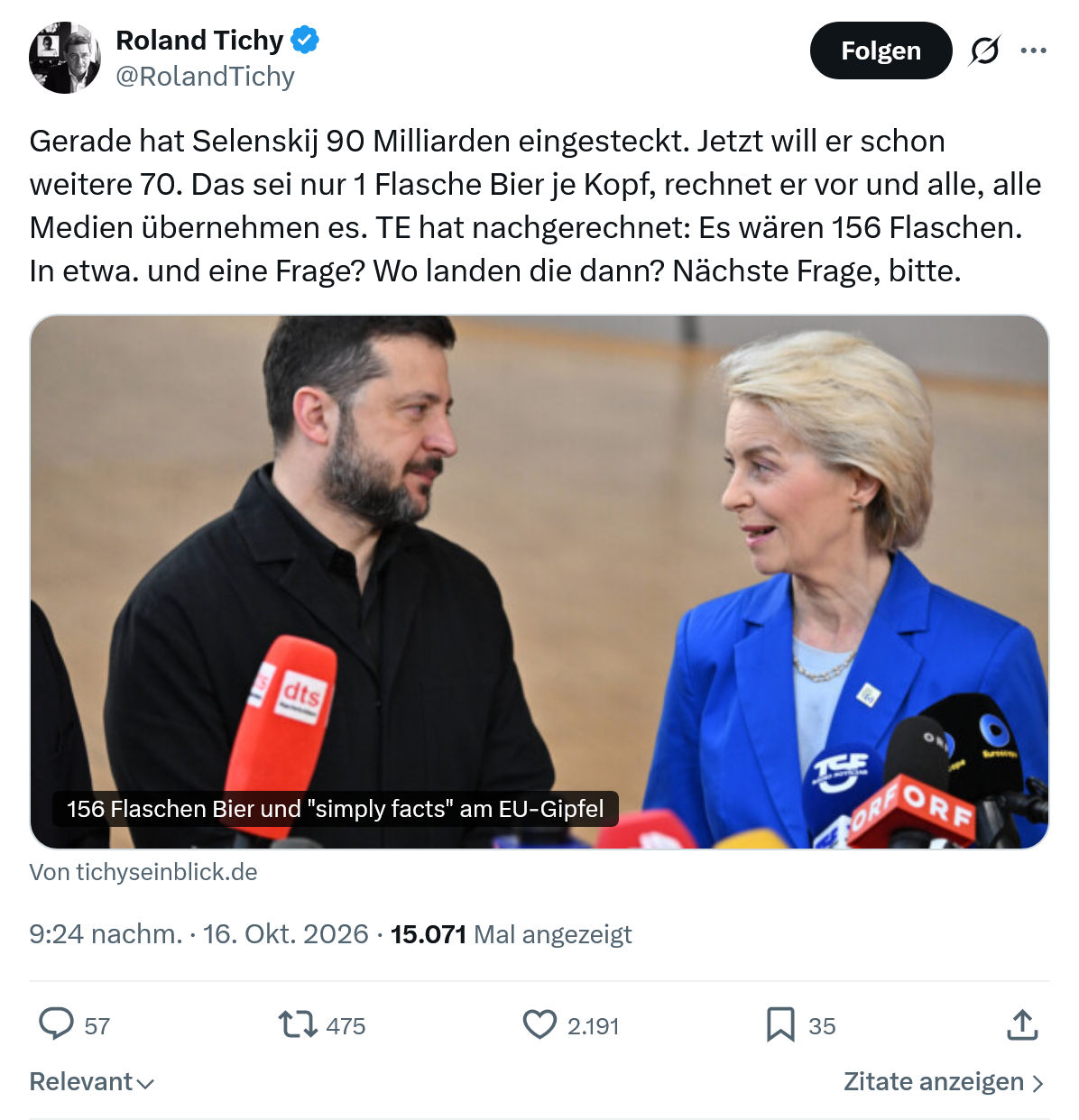 Roland Tichy: Gerade hat Selenskij 90 Milliarden...