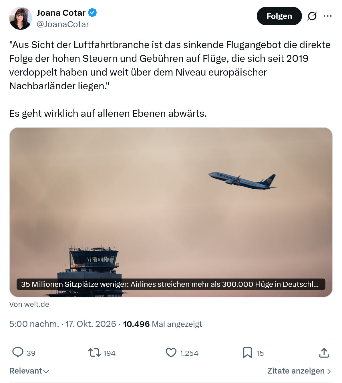 Joana Cotar: Aus Sicht der Luftfahrtbranche...