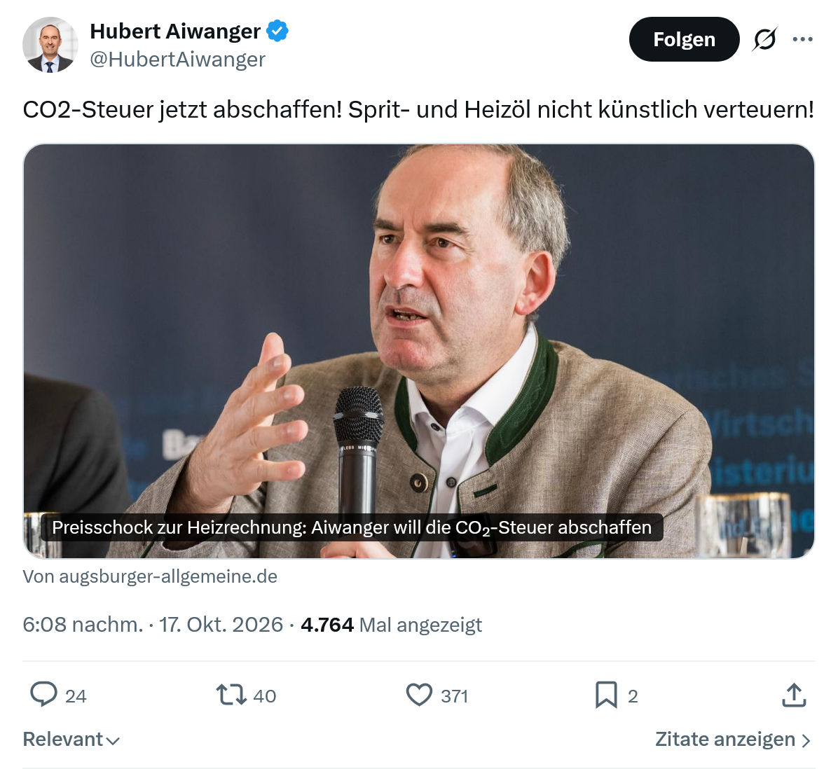 Hubert Aiwanger: CO2-Steuer jetzt abschaffen...