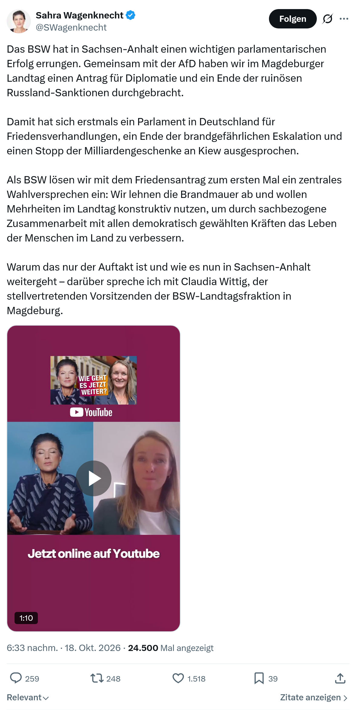 Sahra Wagenknecht: Das BSW hat in Sachsen-Anhalt...