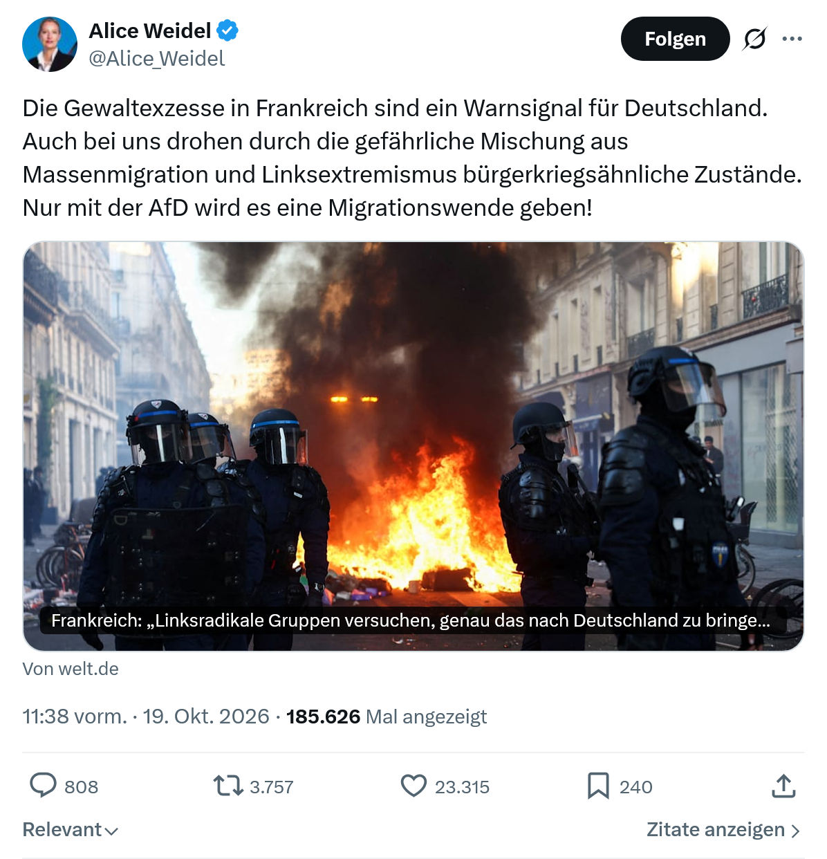 Alice Weidel: Die Gewaltexzesse in Frankreich...